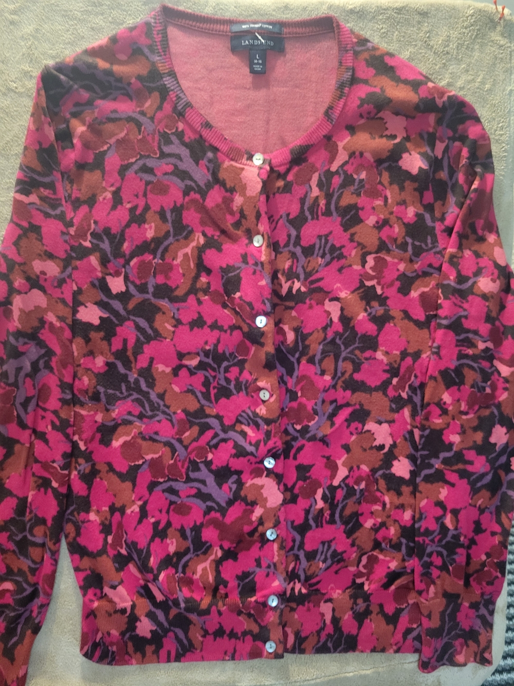Lands' End 100% Cotton Floral Button-Front Cardigan in Pink and Brown Size L